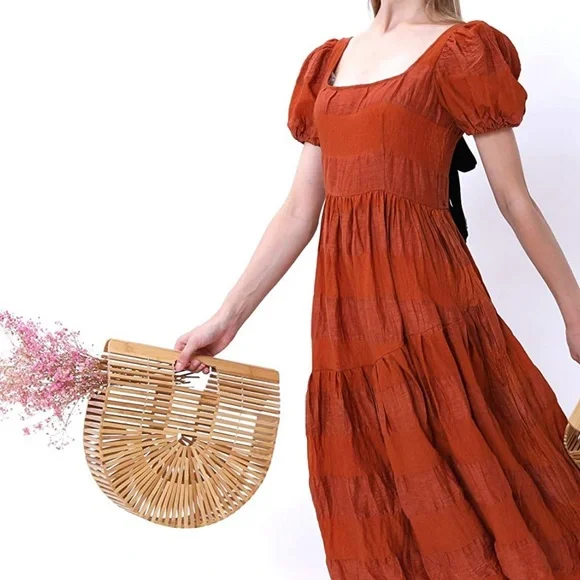 Bamboo Caged Semicircle Large Tote Bag w/ Scarf and Dust Bag-13”x 9”x 4” - Picture 2 of 14